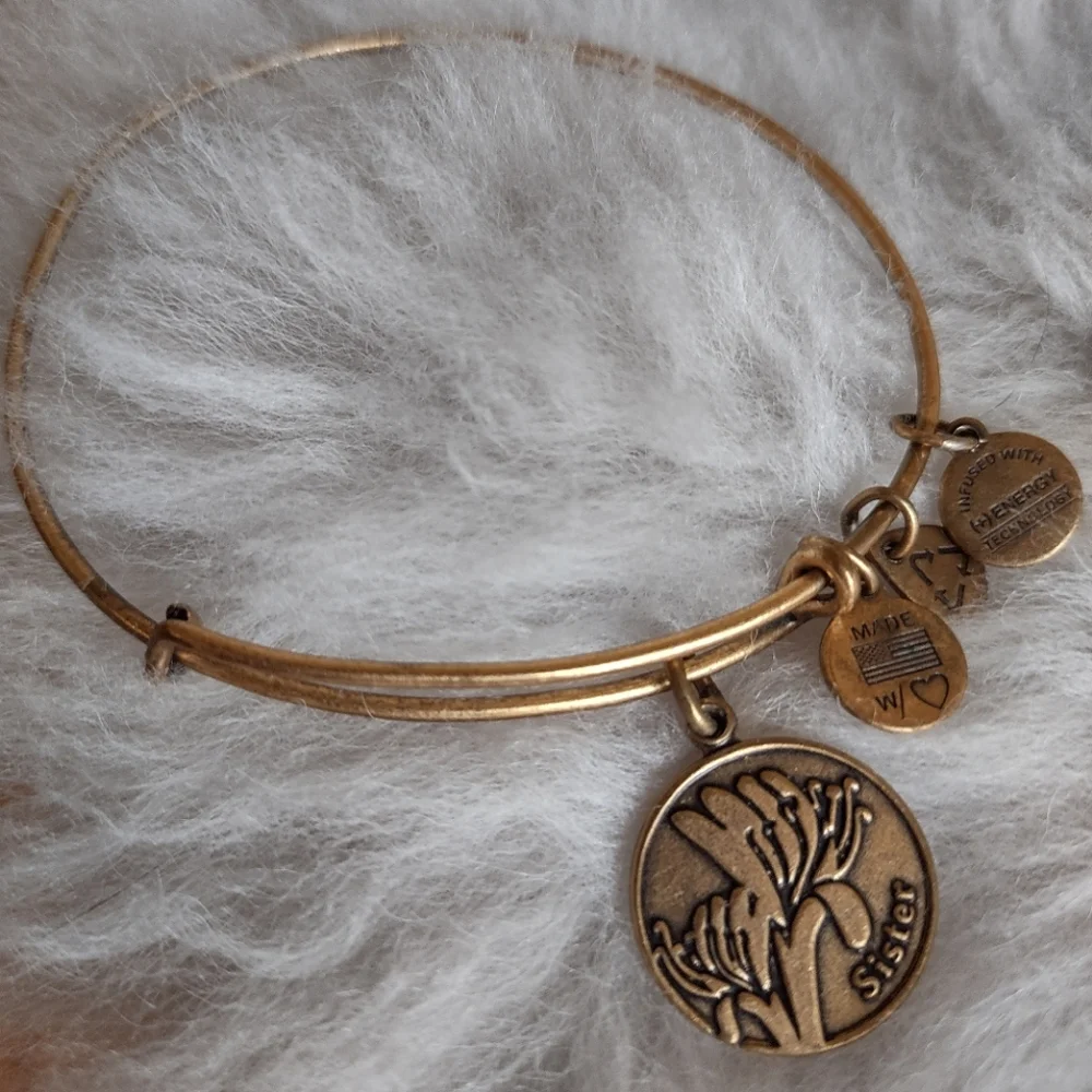 Alex and Ani Rafaelian Gold Sister Floral Charm Bangle Bracelet - Picture 6 of 9